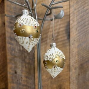 Vintage Christmas Ornament Glass Hand Painted Ivory, Gold, Glitter Set of 2
